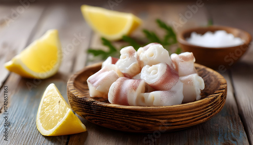 Pieces of raw squids with lemon on wooden table, closeup