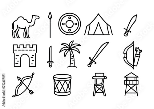 Vector Collection of medieval and desert themed icons in simple black outline style