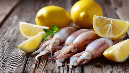 Pieces of raw squids with lemon on wooden table, closeup