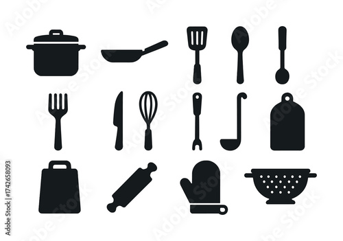 Vector Collection of kitchen utensil silhouettes including pot, pan, and spoon