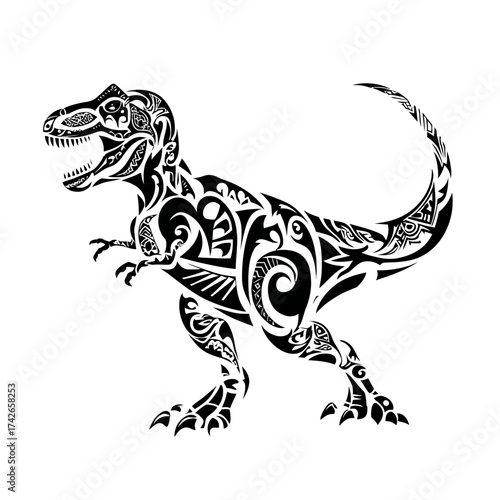Tribal T-Rex dinosaur illustration, black and white stylized prehistoric creature vector art, ornate graphic design element, ancient animal pattern.