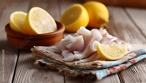 Pieces of raw squids with lemon on wooden table, closeup