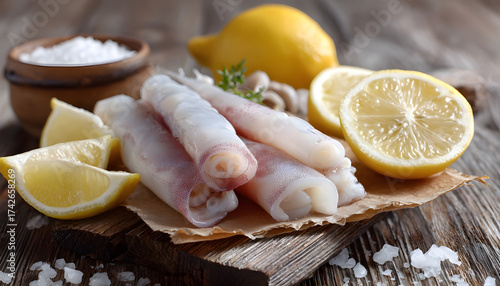 Pieces of raw squids with lemon on wooden table, closeup