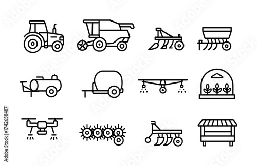 Vector Farming equipment icons: tractor, harvester, seeder, irrigation, drone, greenhouse, tools