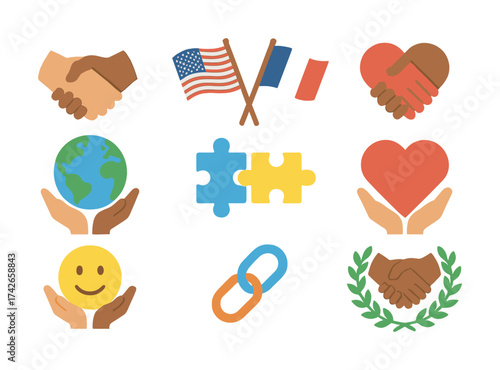 Vector Symbolic icons of unity, friendship, and global cooperation