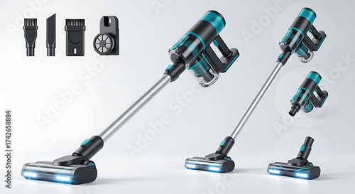 Modern cordless vacuum cleaner with attachments isolated on white background