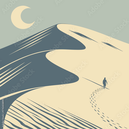 Man walking on a sand dune under the moonlight in the desert landscape