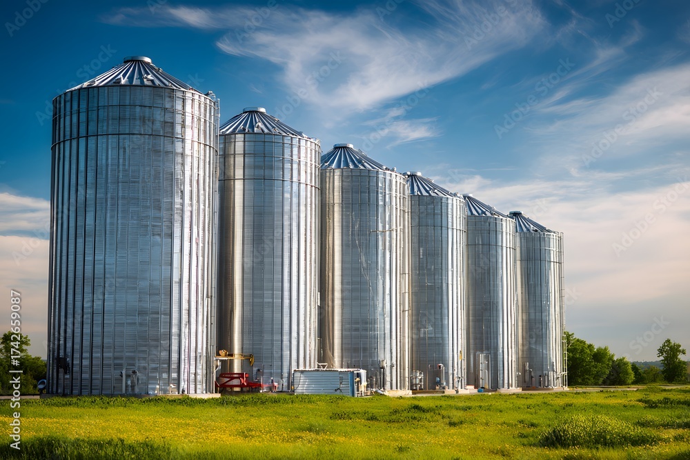 Fototapeta premium Row of tall modern silver grain silos standing in a vibrant green agricultural field under a bright blue sky with fluffy clouds