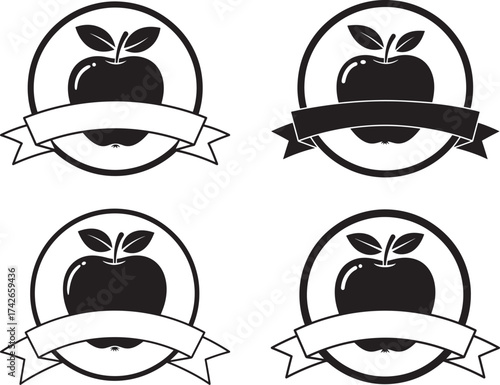Four circular apple badges with ribbons silhouette