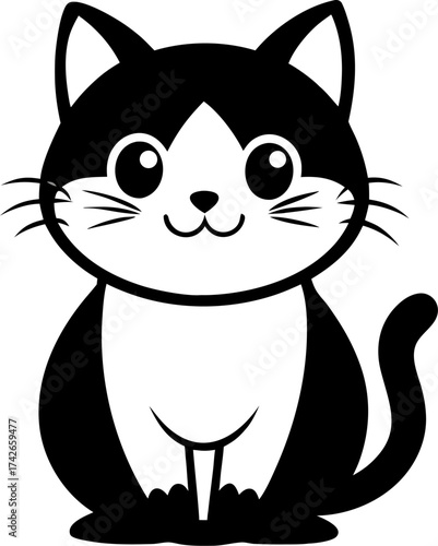 Charming black and white vector illustration of a cute feline creature