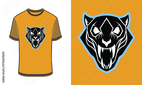 Orange t shirt with Tshirt mockup tiger head logo blue outline vector