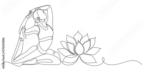 Woman meditating in lotus pose, continous line art illustration, line art style vector illustration