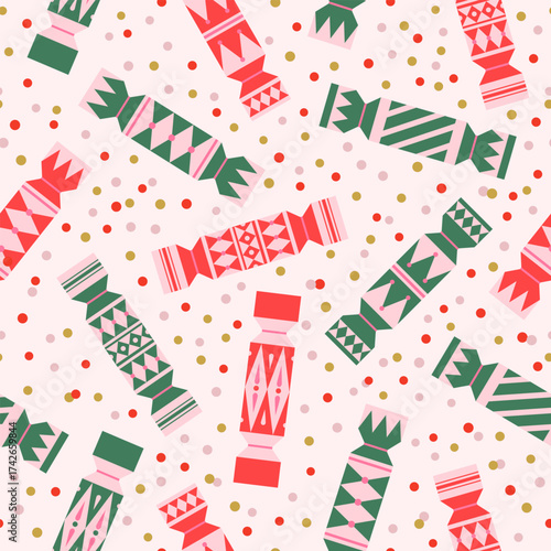 Festive seamless pattern with candies, crackers and confetti. Geometric flat ornament. Christmas or birthday wrapper background. Surface cover design. Fabric textile print.