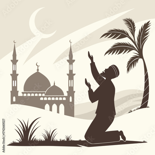 Silhouette of a muslim man praying in front of a mosque with a palm tree