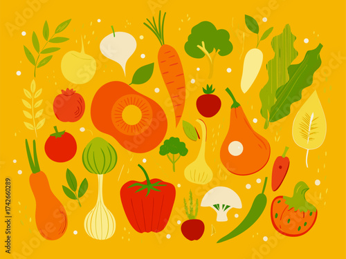 Stylized Flat Vector Illustration of Healthy Fruits and Vegetables Collection on Yellow Background