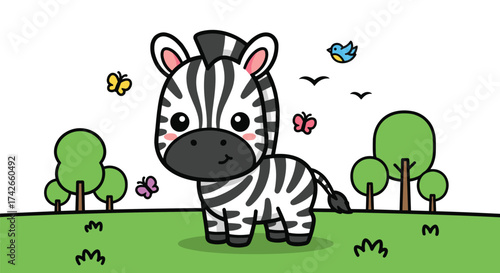 Adorable Cartoon Zebra Vector in Green Meadow with Trees and Butterflies – Cute Animal Illustration for Kids