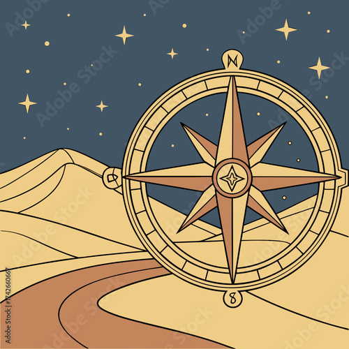 Compass rose over desert landscape with stars in the night sky illustration
