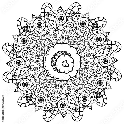Halloween mandala candy set, outline page coloring book for kids and adults activities