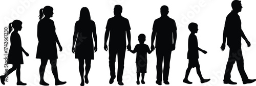 Family silhouette illustration showing people of different ages walking together representing unity generations relationship concept vector on white background