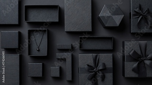 assortment of black textured gift boxes