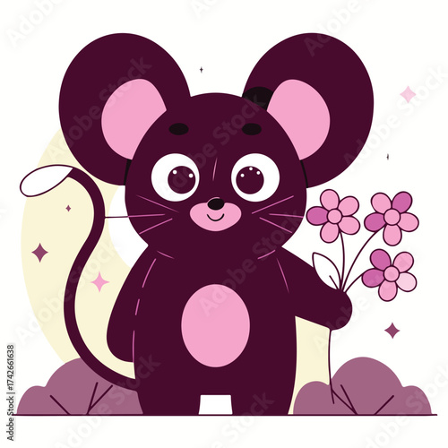 Mouse Holding Tiny Flower Bouquet Cute Nursery Vector