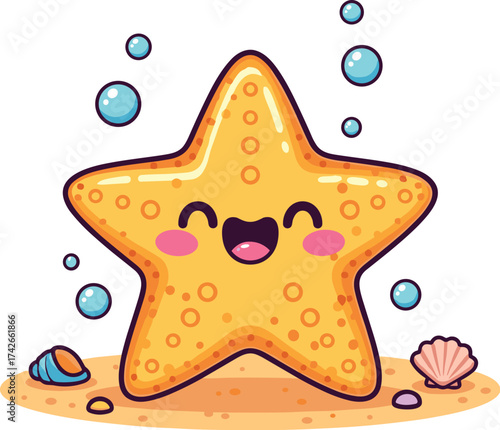 Cute Cartoon Starfish Vector on Ocean Floor with Bubbles and Seashells – Fun Underwater Animal Illustration for Kids
