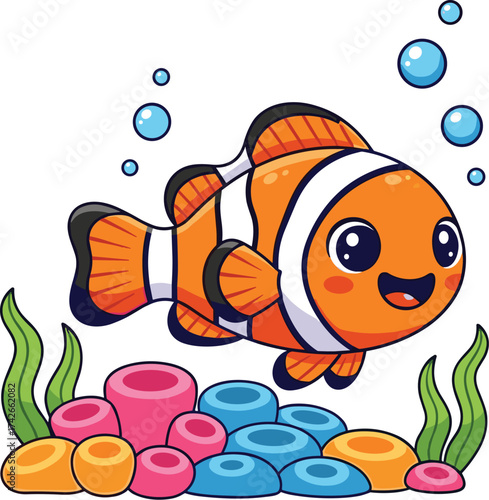 Cute Cartoon Clownfish Vector in Coral Reef with Seaweed and Bubbles – Fun Ocean Animal Illustration for Kids Projects