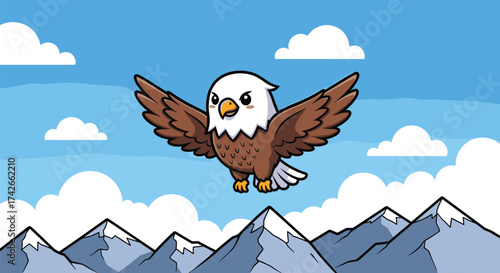 Cartoon Bald Eagle Vector Flying Over Mountain Range with Clouds – Majestic Bird of Prey Illustration for Nature and Wildlife Themes