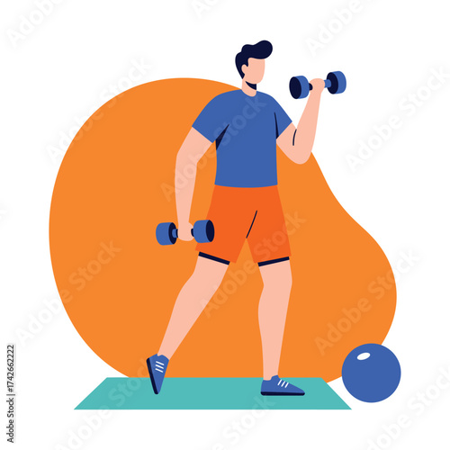 Hand Made Man lifting dumbbells in a gym vector illustration of fitness training isolated on white background