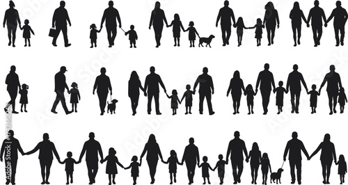 Family silhouettes walking together with children and parents vector illustration symbolizing love, unity, parenting, bonding, lifestyle, togetherness, and happiness