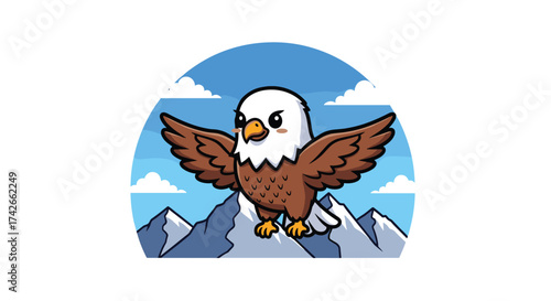 Cartoon Bald Eagle Vector Standing on Mountain Peak with Open Wings – Majestic Bird of Prey Illustration in Nature Scene