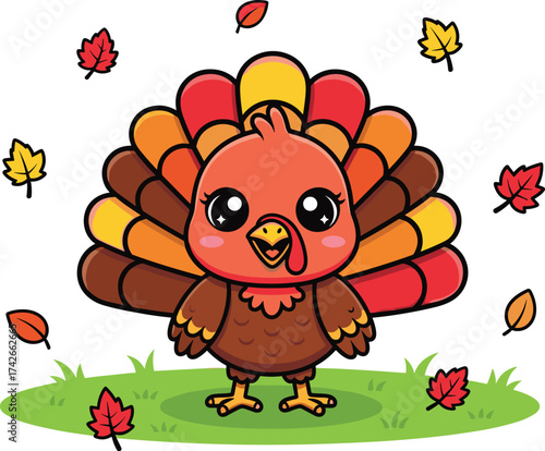 Cute Cartoon Turkey Vector Standing on Grass with Autumn Leaves – Fun Thanksgiving Animal Illustration for Kids and Fall Themes