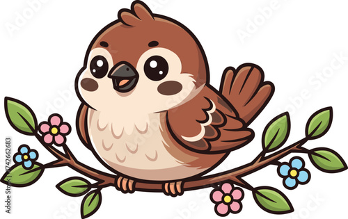 Cute Cartoon Sparrow Vector Sitting on Flowering Tree Branch – Fun Little Bird Illustration for Spring and Nature-Themed Kids Projects