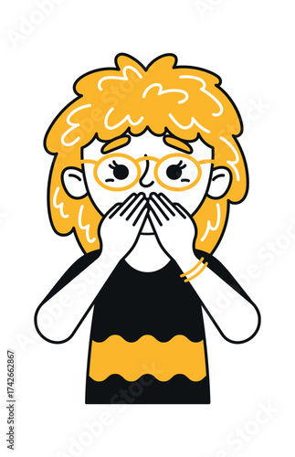 Shocked schoolboy covering mouth portrait