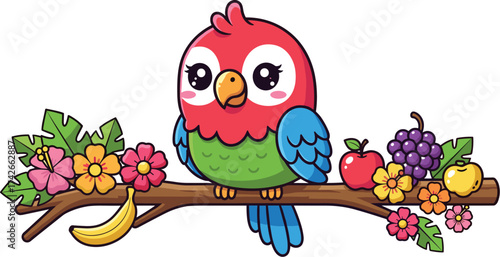 Cute Cartoon Parrot Vector Sitting on Tropical Branch with Fruits and Flowers – Fun Colorful Bird Illustration for Kids and Summer Designs