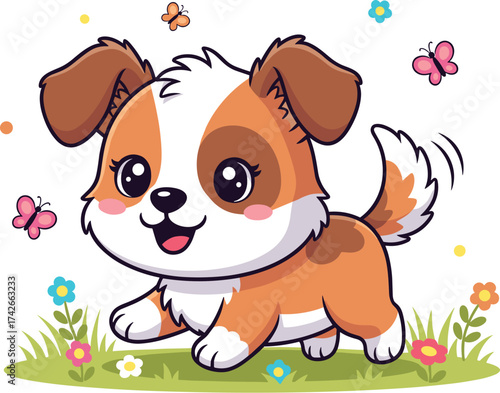 Cute Cartoon Puppy Vector Running in Meadow with Flowers and Butterflies – Adorable Dog Illustration for Kids and Spring Themes