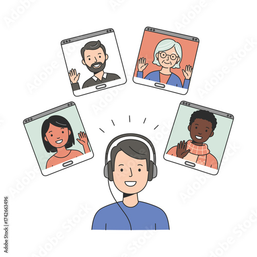 Hand Made Smiling man wearing headphones video conferencing with diverse people flat vector illustration for online communication and remote work