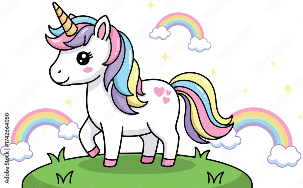 Fototapeta premium Cute Cartoon Unicorn Vector Standing on Grass Hill with Rainbows and Clouds – Magical Fantasy Animal Illustration for Kids Projects
