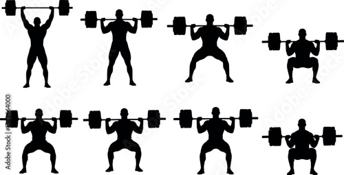 Barbell lifting silhouette set, black fitness icon pack, strength training illustration, squat and press exercise poses, gym workout vector design