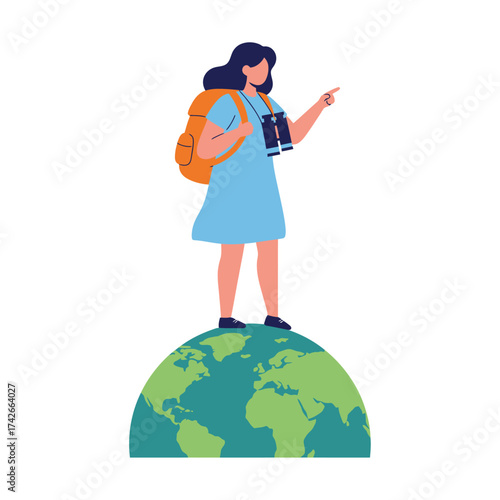 Hand Made Woman with backpack and binoculars standing on top of the world vector illustration representing travel exploration and global awareness