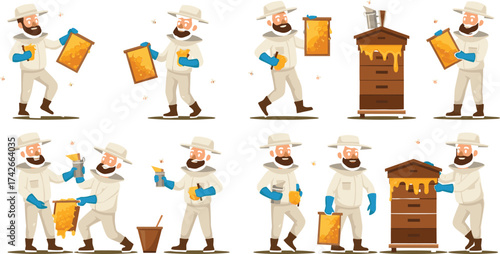 Beekeeper cartoon characters, honey harvesting, protective suit, smoker tool, beehive inspection, bee care, honeycomb handling, apiary scene, pollination work, farm illustration
