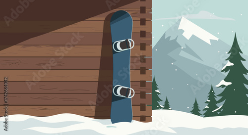 Snowboard leaning against a wooden cabin in a snowy mountain landscape