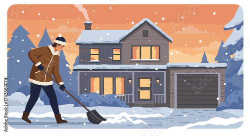 Shovel scraping driveway in front of a snow-covered house at sunset
