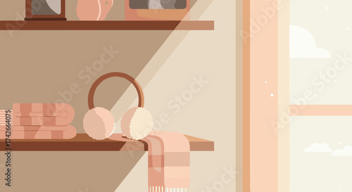 Earmuffs on shelf with cozy winter decor and ice buildup on gutter