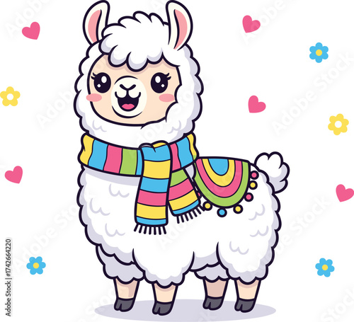 Cute Cartoon Llama Vector with Colorful Blanket and Scarf – Fun Alpaca Illustration with Hearts and Flowers for Kids and Boho-Themed Designs