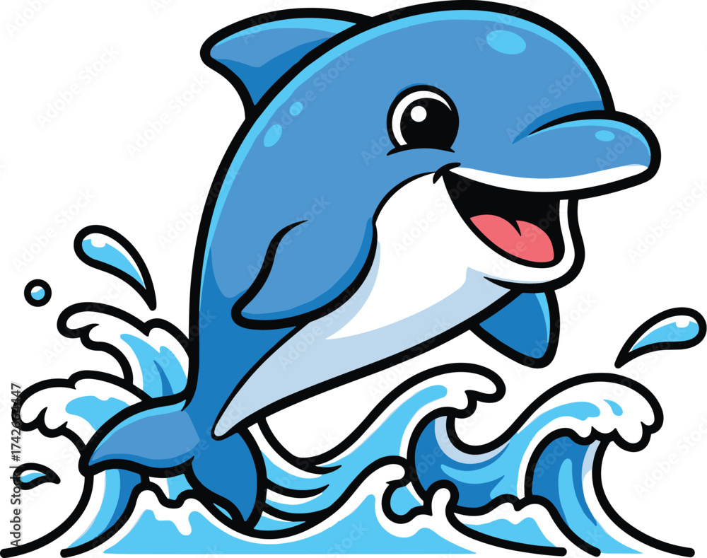 Fototapeta premium Cute Cartoon Dolphin Vector Jumping Over Waves – Fun Ocean Animal Illustration for Kids and Summer-Themed Designs