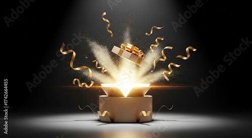 Open gift box with golden confetti and light explosion on a dark background creating a magical and exciting atmosphere.