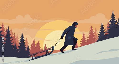 Person pulling sled up snowy hill at sunset with pine trees in the background