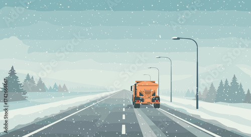 Snow plow truck clearing snowy road in winter landscape with falling snow
