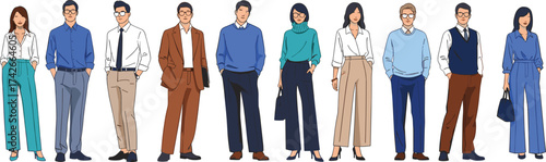 Business casual cartoon characters in diverse outfits and professional poses for office fashion, workplace diversity, and modern vector design themes